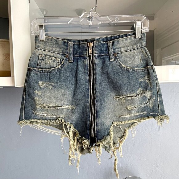 UNIF Double Zip Front Distressed Jeans Shorts High Waisted - Picture 4 of 7